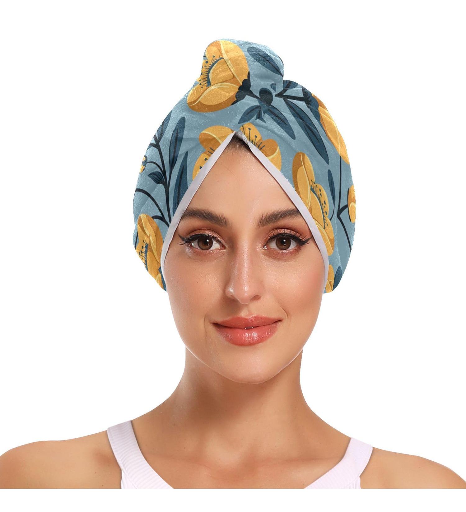Buy Seamless Yellow Flowers Leaves Hair Towel 2 Pack - Super Absorbent Quick Dry Hair Turbans for Women & Girls - Buy Online on GoSupps.com
