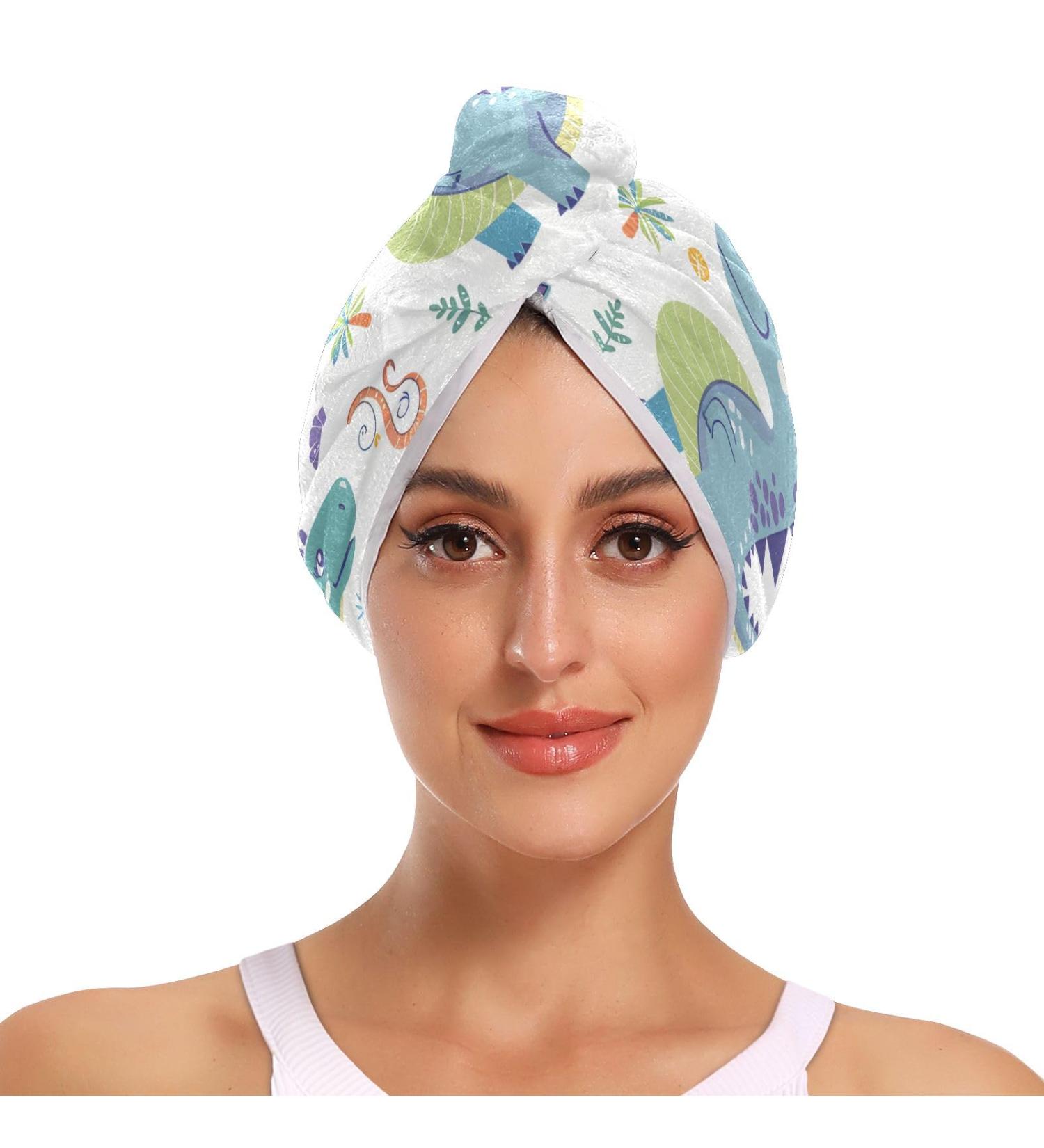 Cute Cartoon Dinosaurs Hair Towel 2 Pack | Super Absorbent Quick Dry Hair Turbans for Women & Girls - Buy Online on GoSupps.com