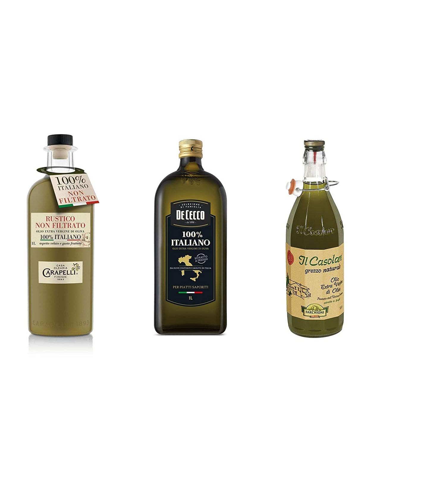  De Cecco Trial Pack Italian Extra Virgin Olive Oil Huile d'olive italienne extra vergine Farchioni Il Casolare - Carapelli Unfiltered - De Cecco 100% Italian (3 x 1 l) - Buy Online on GoSupps.com