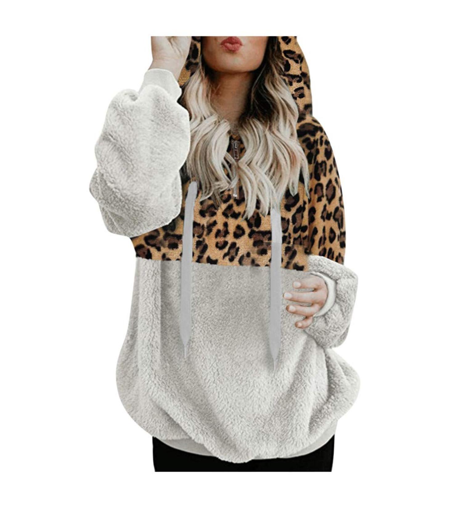Bigfanshu Women's Tops Leopard Patchwork Long Sleeve Sweatshirt Pullover Shirt Blouse White - Buy Online on GoSupps.com