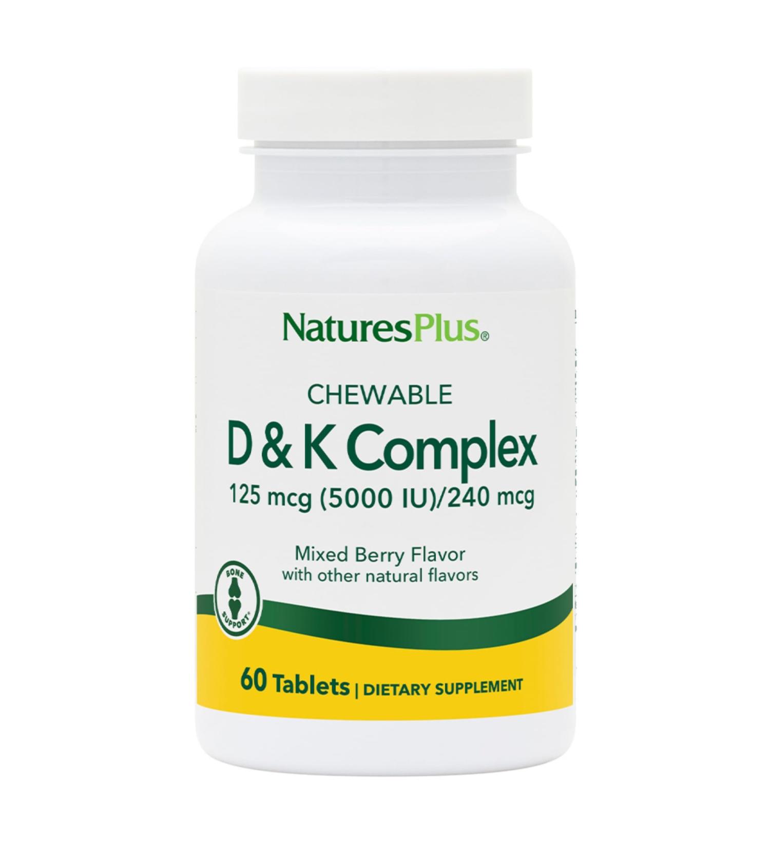 Natures Plus D & K Complex - 60 Mixed Berry Chewables - Supports Calcium Metabolism - Vegetarian Non-GMO Gluten Free Soy Free - 60 Servings - Buy Online on GoSupps.com