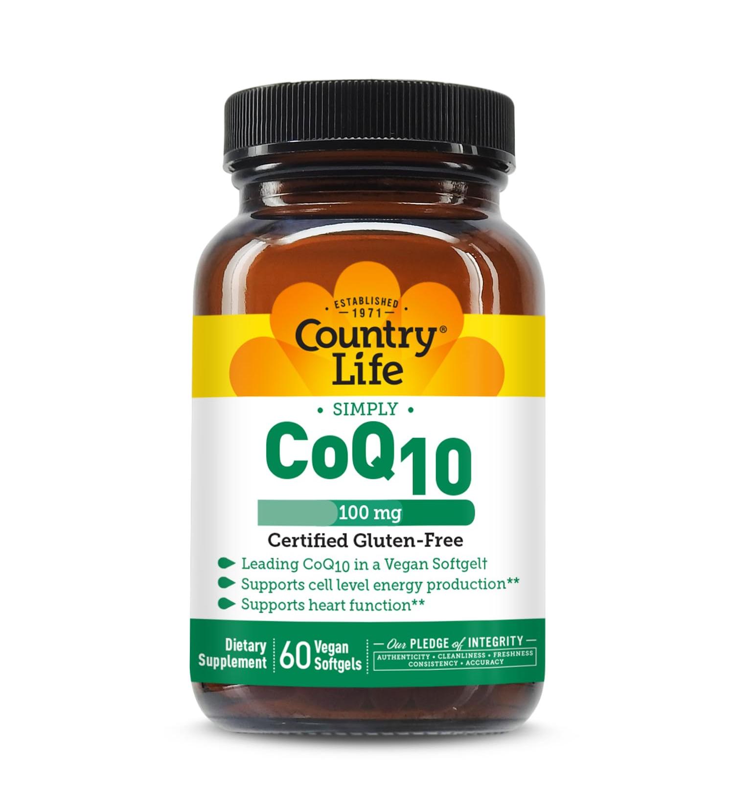Country Life Simply CoQ10 100mg Heart Function & Cellular Energy Support Supplement Pure Coenzyme Q10 for Antioxidant & Cardiovascular Health Certified Gluten Free & Vegan 60 Softgels Country Life Simply CoQ10 Support  - Buy Online on GoSupps.com