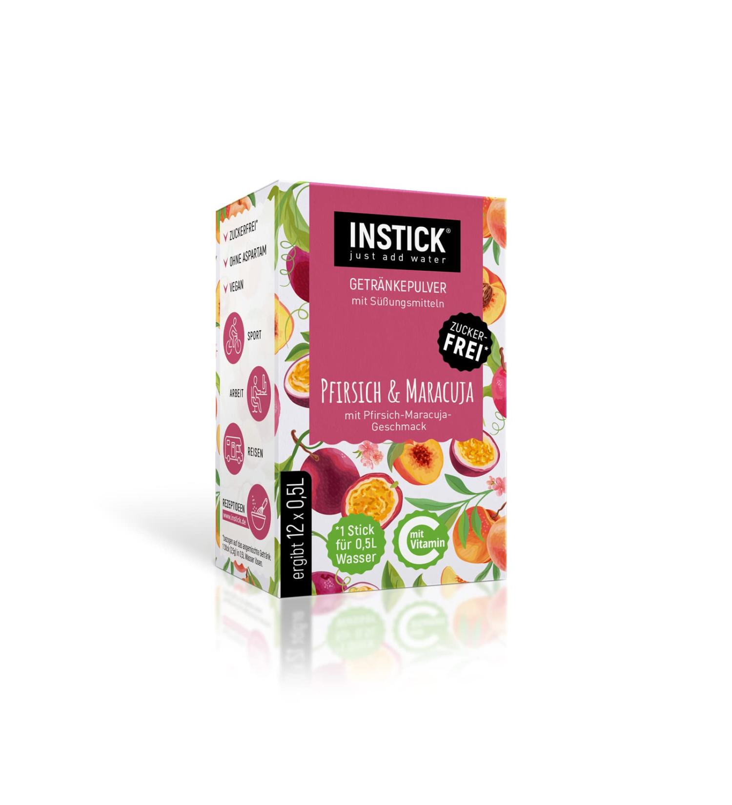 Intick Sugar-Free Instant Drink - Peach Maracuja | Vegan Low-Calorie Beverage Powder | 12 x 0.5-1L Packs | Rich in Vitamin C - Buy Online on GoSupps.com