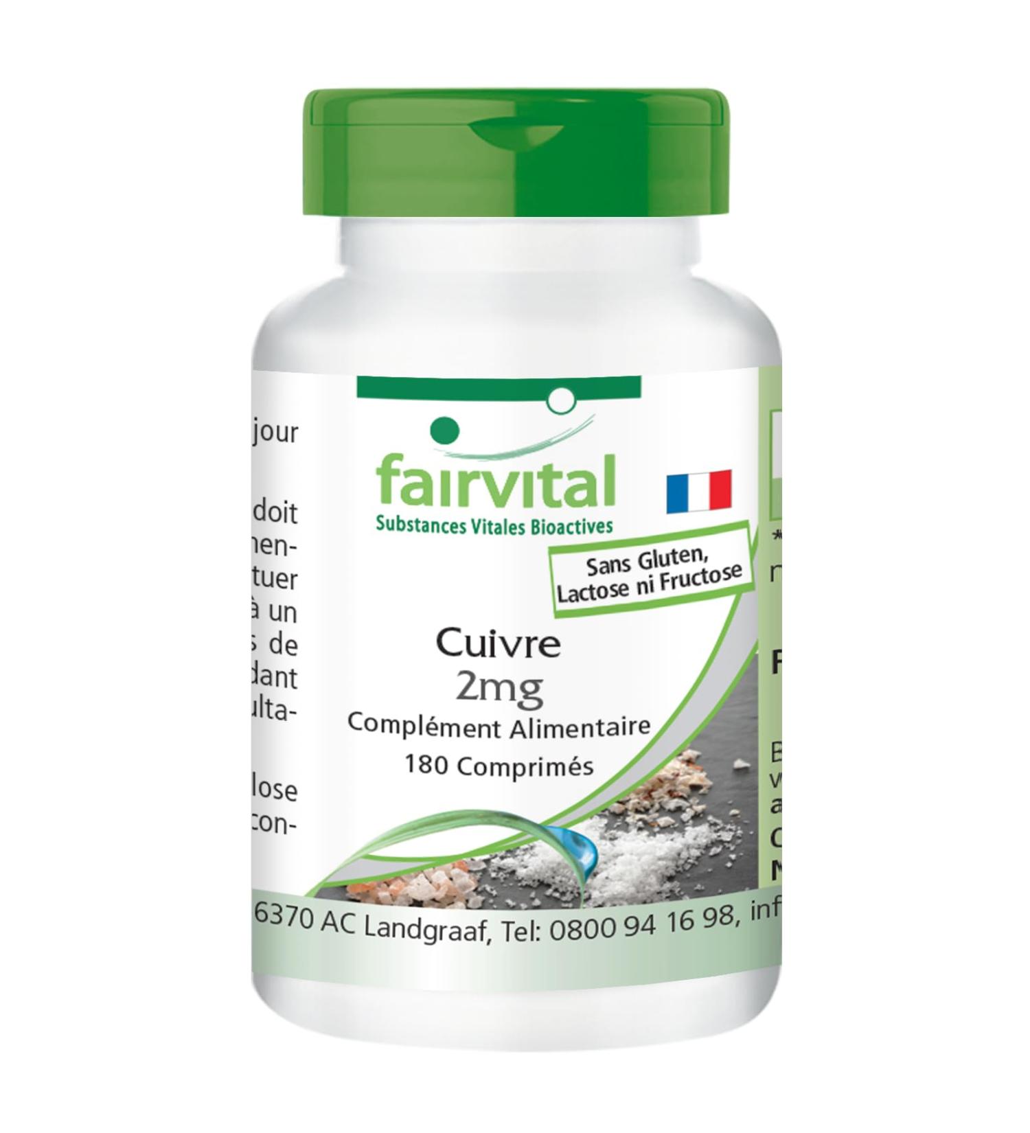 Fairvital | Cuivre 2 mg - 180 comprim s - Bisglycinate de cuivre - qualit contr l e et hautement dos - 100% v g talien - Fabriqu en Allemagne - Buy Online on GoSupps.com