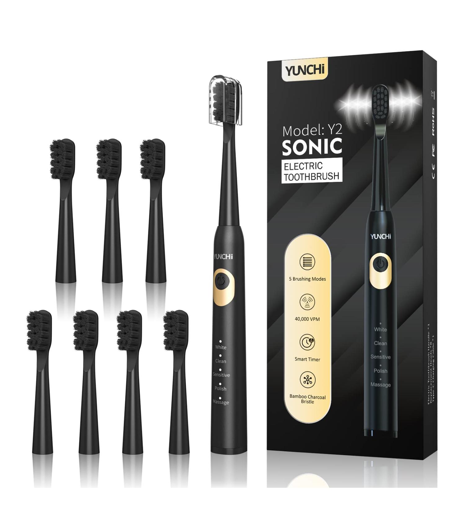 YUNCHI Y2 Electric Toothbrush with 8 Charcoal Heads | Rechargeable Sonic Toothbrush with 5 Modes | 40000 VPM Smart Timer | Lasts 30 Days | Black White - Buy Online on GoSupps.com
