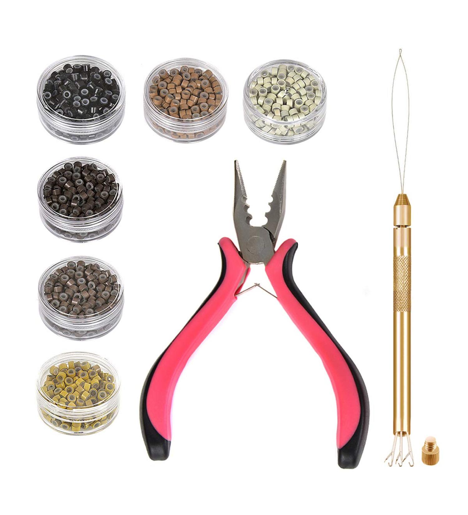 Micro Links Hair Extension Kit Tool with a 4 in 1 Metal Loop Threader Needle a Hair Extension Bead Plier 6 Colors of Silicon Lined Microlink Rings and Fairy Hair Tinsel Strands - Buy Online on GoSupps.com