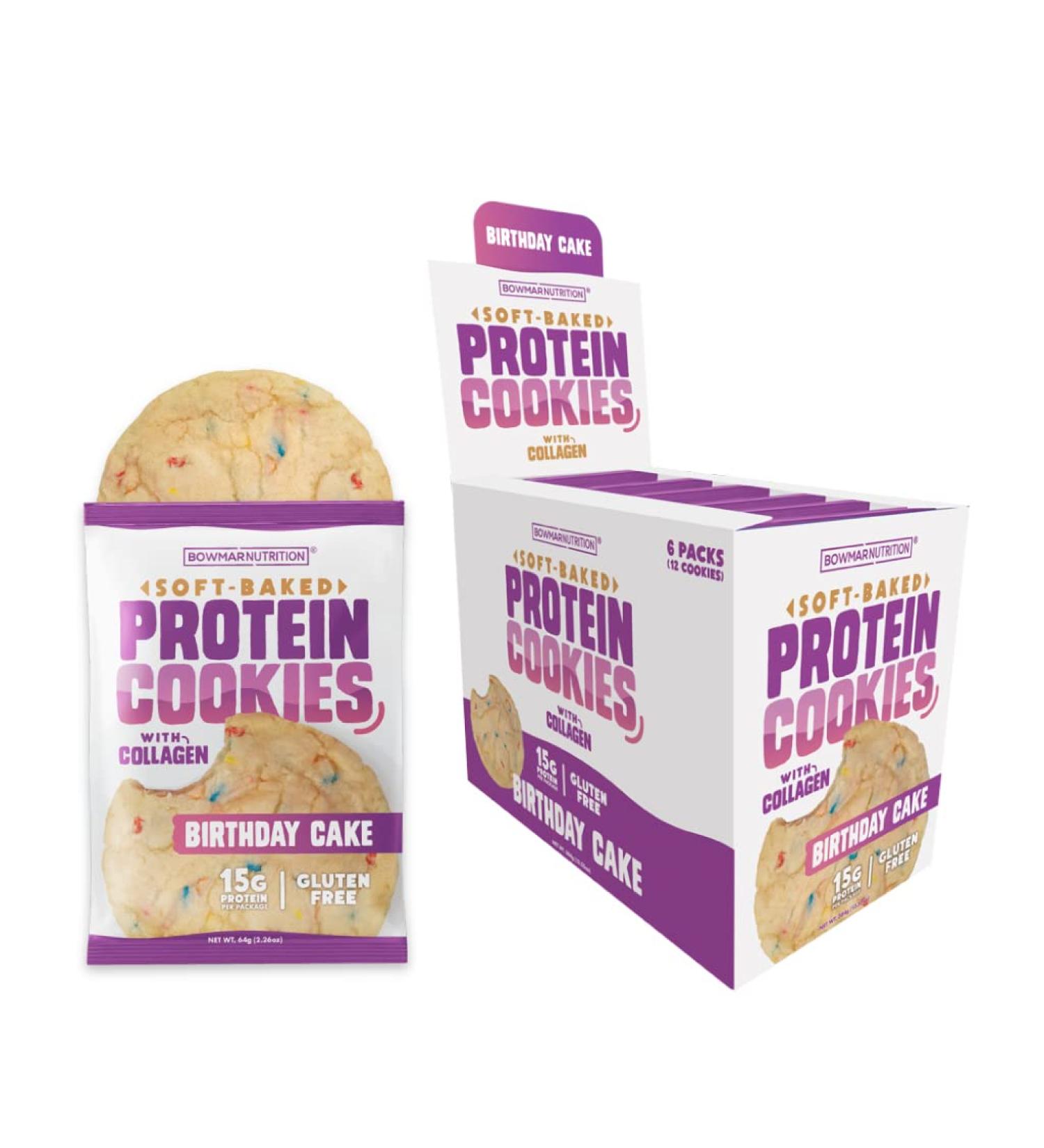 Bowmar Nutrition Birthday Cake Protein Cookies - 15g of Collagen & Whey Protein, Soft Baked, 6 Cookies Per Box - Buy Online on GoSupps.com