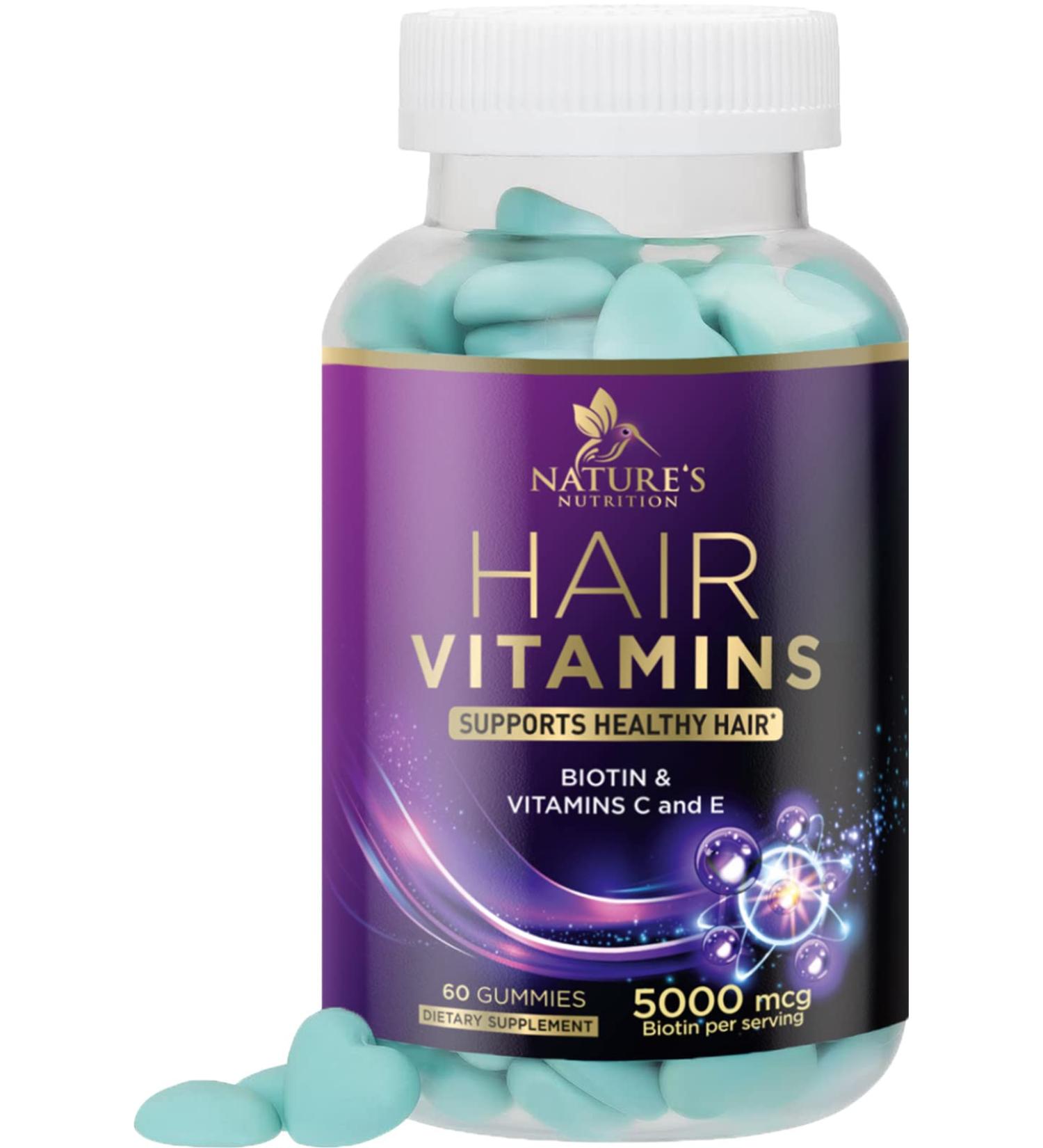 Hair Gummies with Biotin 5000mcg, Vitamin E & C - Hair Growth Support for Stronger Hair, Skin & Nails - 60 Gummy Hearts - Buy Online on GoSupps.com