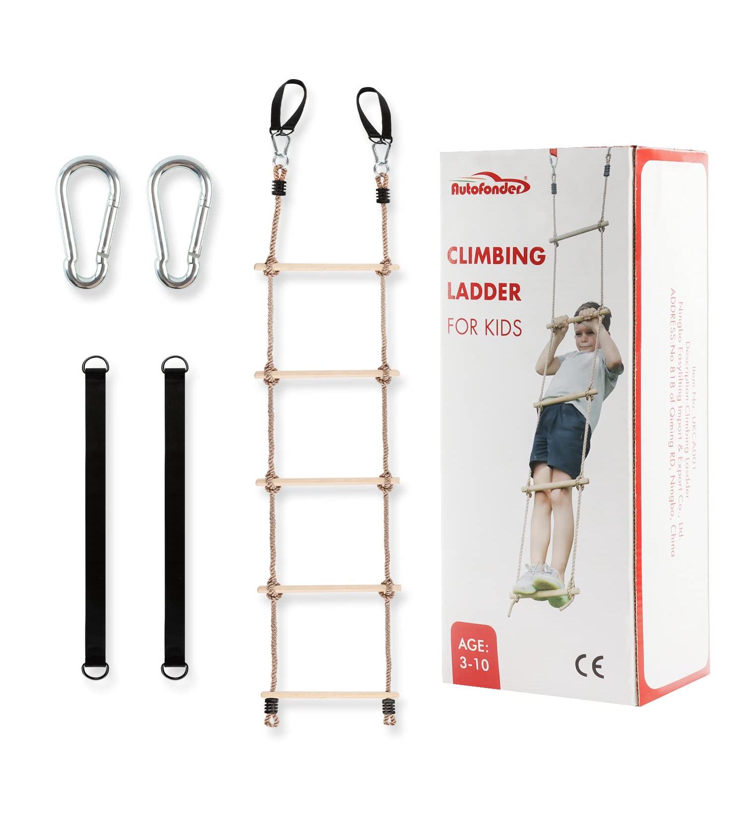 Autofonder 6.6Ft Nylon Rope Ladder for Kids Outdoor Treehouse Ninja Warrior Obstacle Course - Premium Wooden Hanging Exercise Equipment - Buy Online on GoSupps.com
