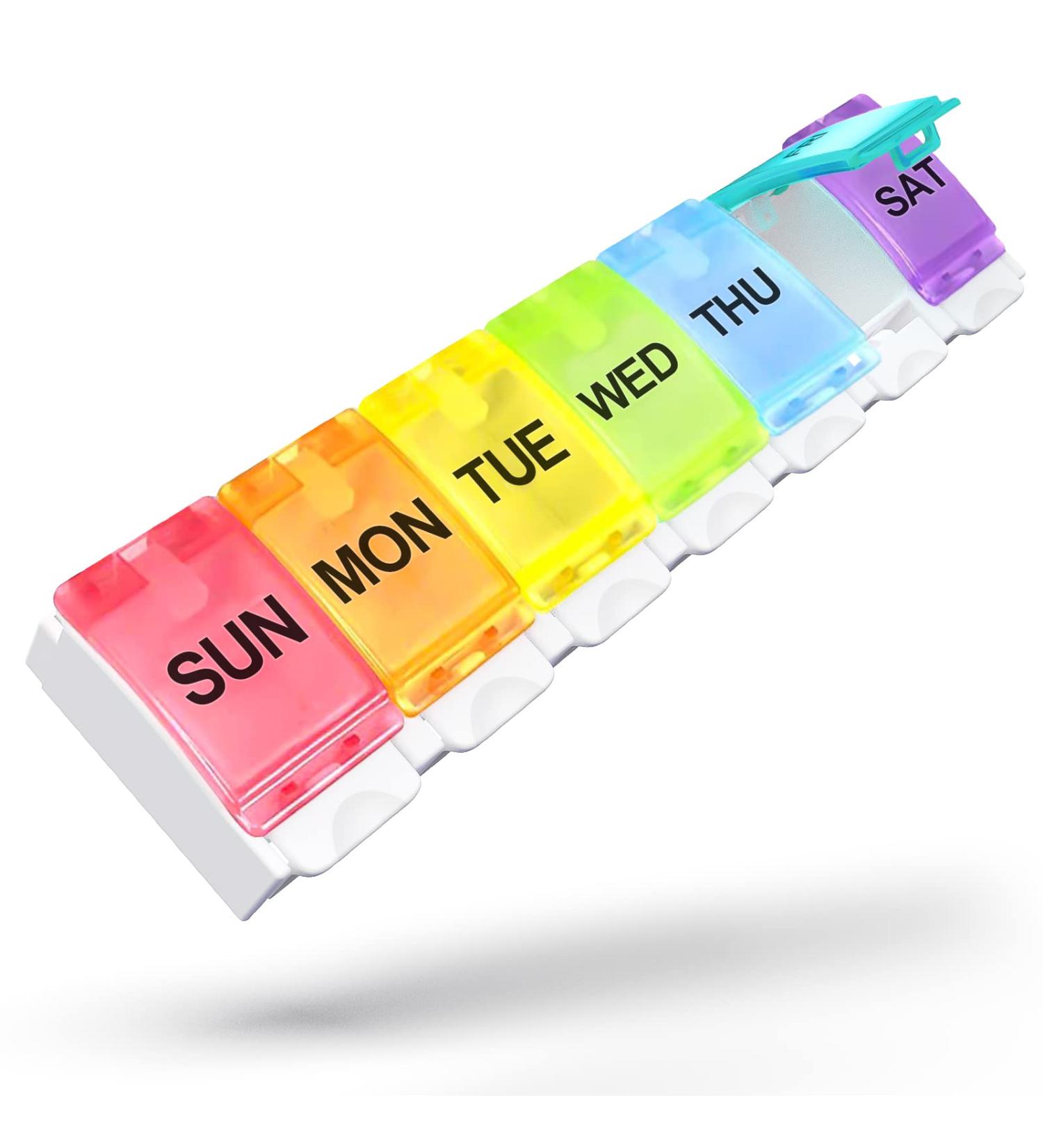 Sukuos Large Weekly Pill Organizer - 7 Day Portable Pill Box for Medications Vitamins & Supplements | Easy Push Button Rainbow Design - Buy Online on GoSupps.com