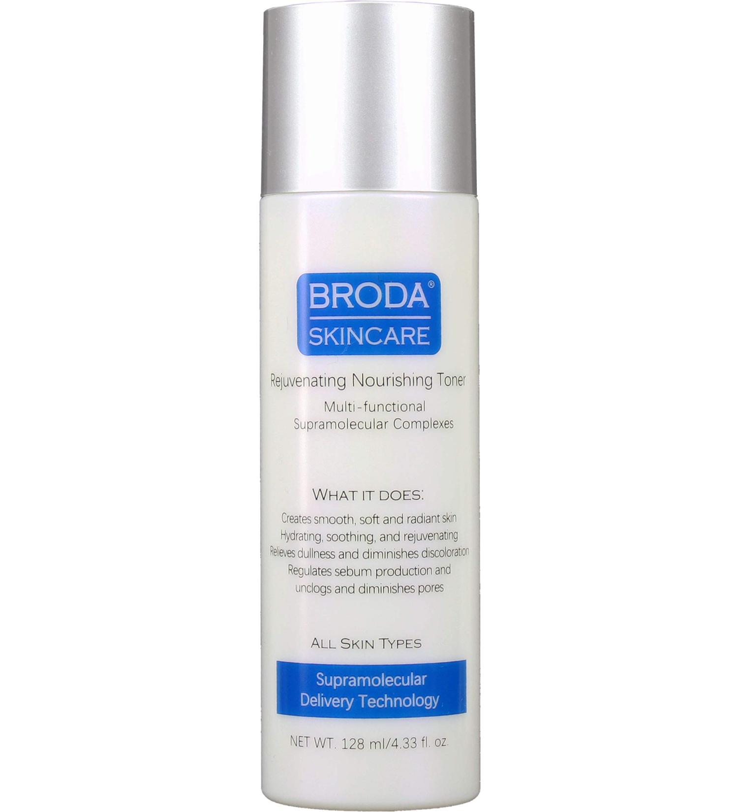 Broda Skincare Rejuvenating Facial Toner. Nourishing Hydrating. Net Weight: 4.33 ounces (128 millimeters)