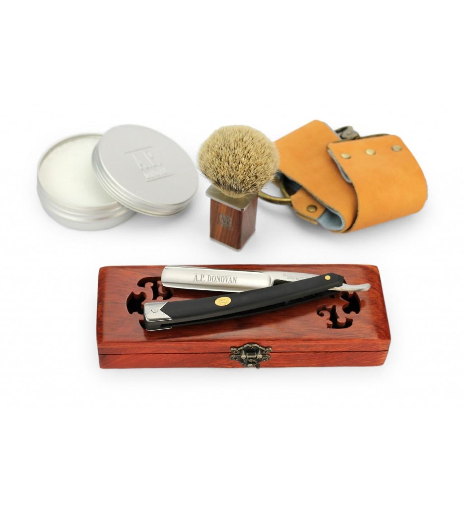 Buy A.P. Donovan 7/8 Solid Razor Set - Carbon Steel Black Plastic Handle | Brush Soap Paste & Leather String Included | International Shipping Available - Buy Online on GoSupps.com