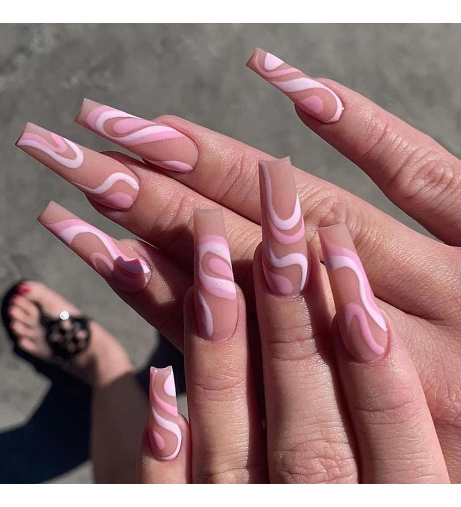 Sethexy Coffin Matte False Nails - Snake Line Abstract Pink Art 24pcs Acrylic Press-On Fingernails for Women & Girls - Buy Online on GoSupps.com