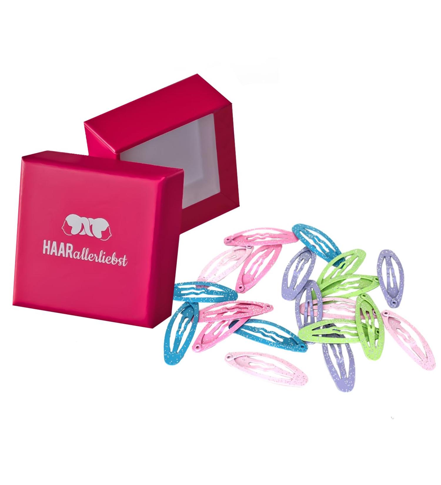 HAARallerliebst Glitter Hair Clips - 20 Colorful Clips (3.7 cm) with Pink Storage Box | Perfect for All Hairstyles - Buy Online on GoSupps.com