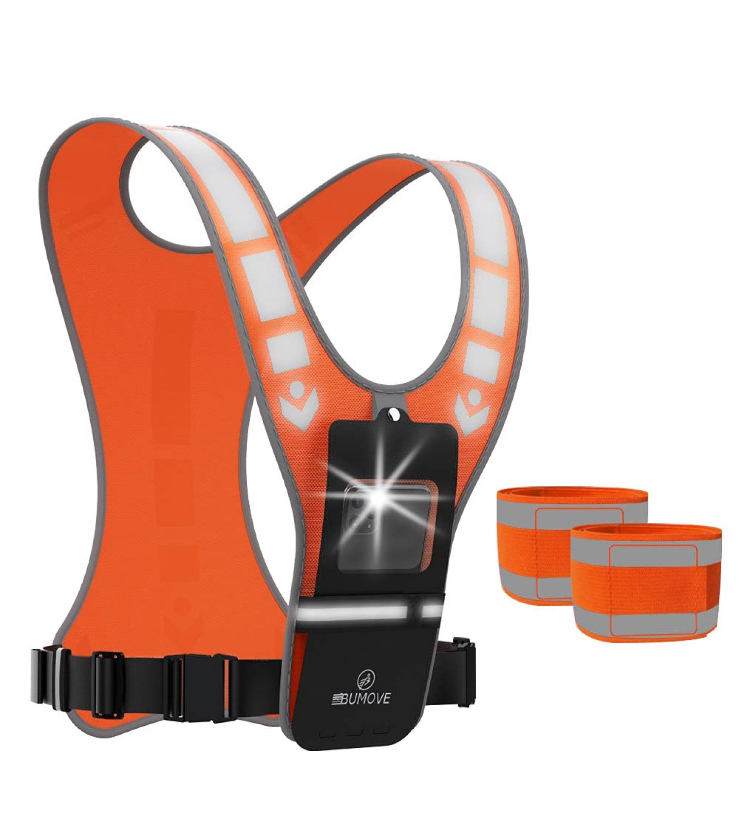 Reflective Vest with Phone Holder | BUMOVE Adjustable Safety Gear for Night Activities | Orange - Buy Online on GoSupps.com