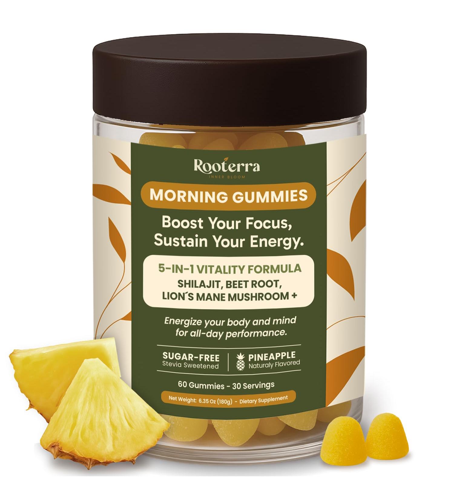 Rooterra Inner Bloom Premium Shilajit Gummies with Lion s Mane & Cordyceps Morning Energy & Focus Supplement Green Coffee & Beet Root Vegan Sugar-Free Pineapple (60 Count) - Buy Online on GoSupps.com