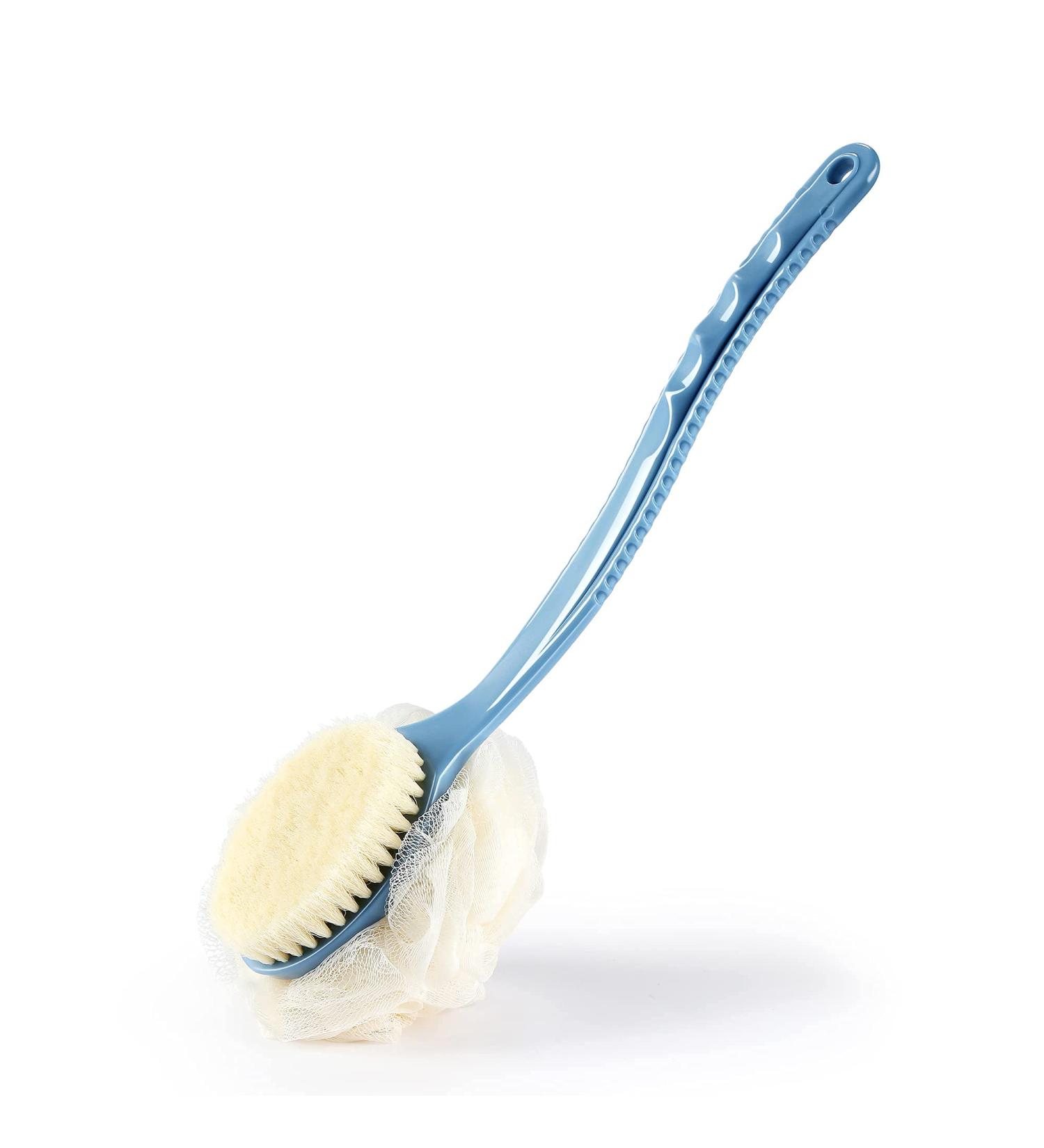 Shower Body Brush with Loofah & Bristles | Exfoliating Back Scrubber for Men & Women - Long Curved Handle (Blue) - Buy Online on GoSupps.com