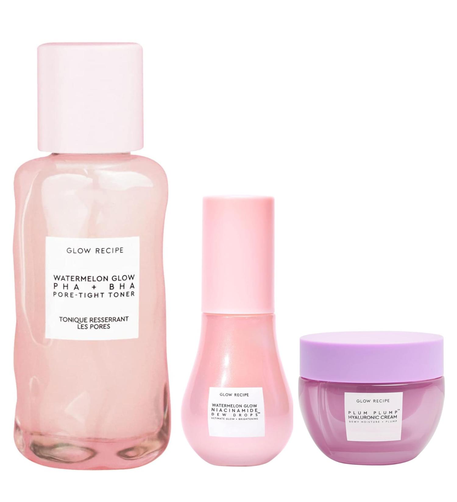 Glow Recipe Watermelon Glow Niacinamide Dew Drops Serum (15 ml) + PHA + BHA Pore Tight Facial Toner (40 ml) + Plum Plump Hyaluronic Cream (20 ml) - Vegan Skin Care for Glowing Skin - Buy Online on GoSupps.com