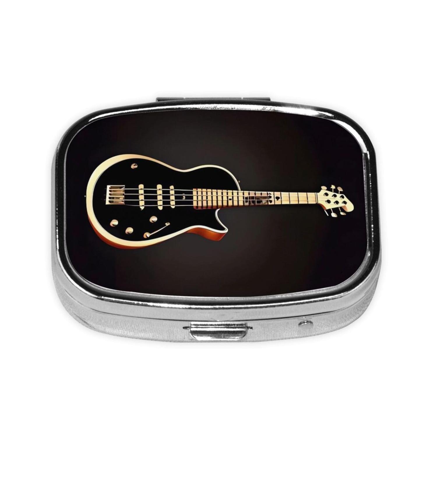 Black Guitar Printing Small Pill Case - Cute 2 Compartment Travel Pill Organizer for Pocket and Purse Gifts - Buy Online on GoSupps.com