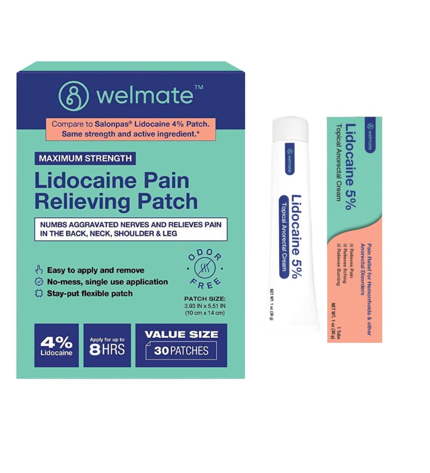 WELMATE Ultimate Pain Relief Duo: 4% Lidocaine Numbing Patch (30 Ct) & 5% Lidocaine Cream (1 Oz) - Buy Online on GoSupps.com