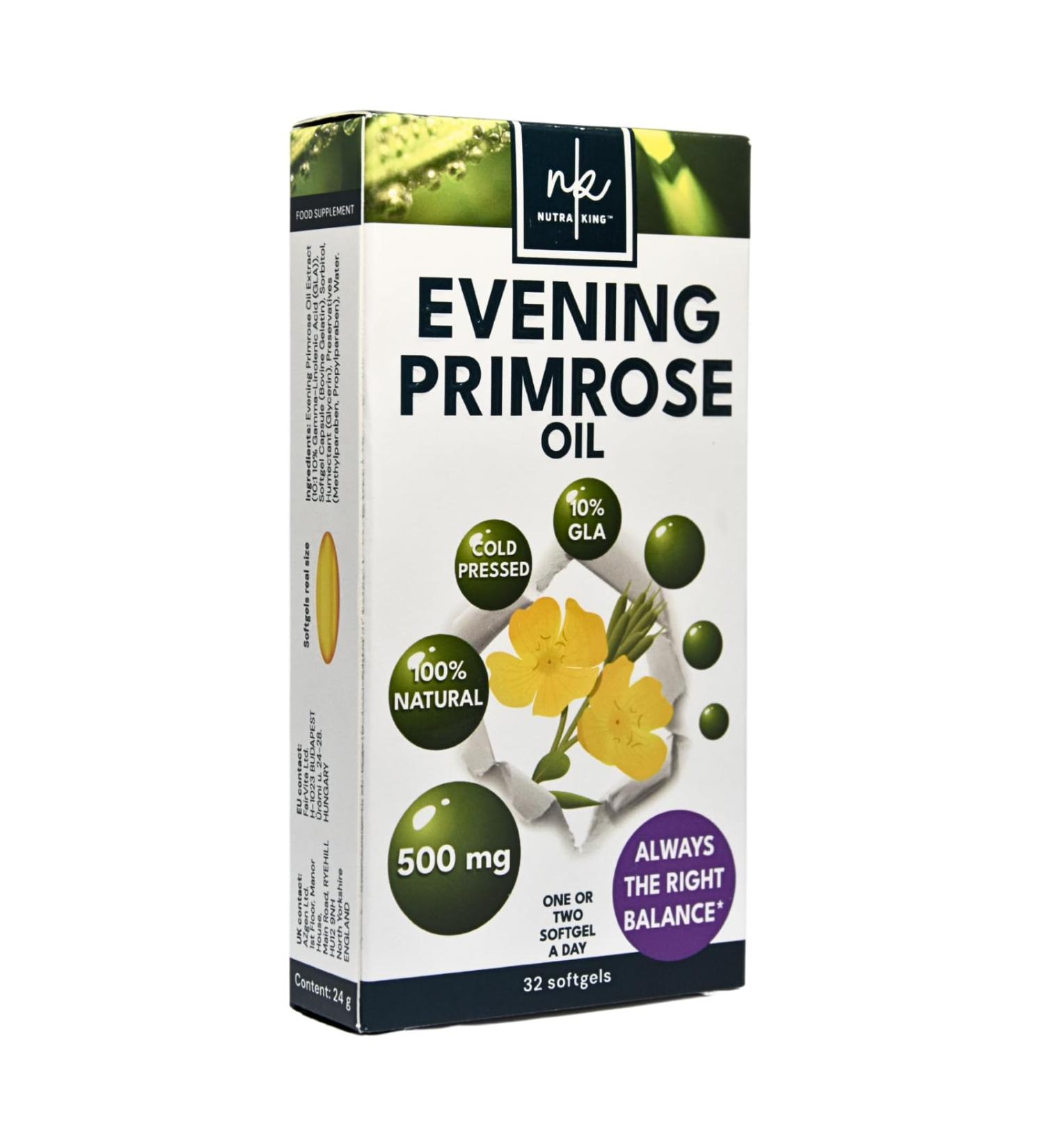 NutraKing Evening Primrose Oil Capsules - 500mg (32 Day Supply) - Pure Natural Cold Pressed Softgel with 10% GLA & Omega 6 - Buy Online on GoSupps.com