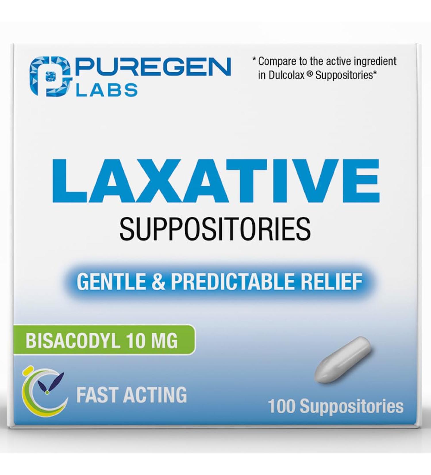 Puregen Labs Fast Relief Laxative Suppositories - 100 Count Bisacodyl 10mg | Quick Constipation Relief in 15-60 mins | USA-Made Stimulant Laxative - Buy Online on GoSupps.com