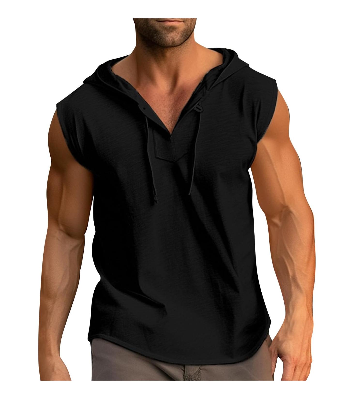 Rosennie Men's V-Neck Stringer Tank Top - Black Sleeveless Hoodie for Gym & Bodybuilding (XXL) - Buy Online on GoSupps.com