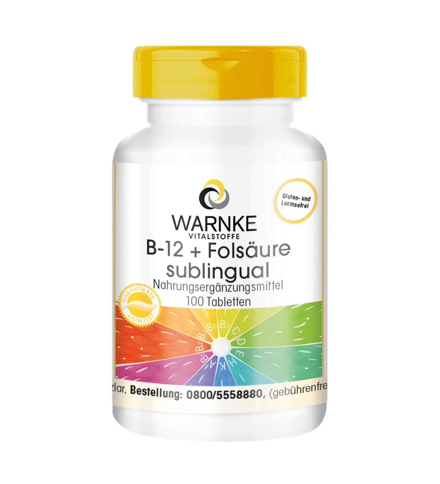 B12 + Folic Acid Sublingual Tablets - 500 g B12 & 100 g Folic Acid - Vegan - 100 Tablets | Warnke Vital Substances - German Quality - Buy Online on GoSupps.com