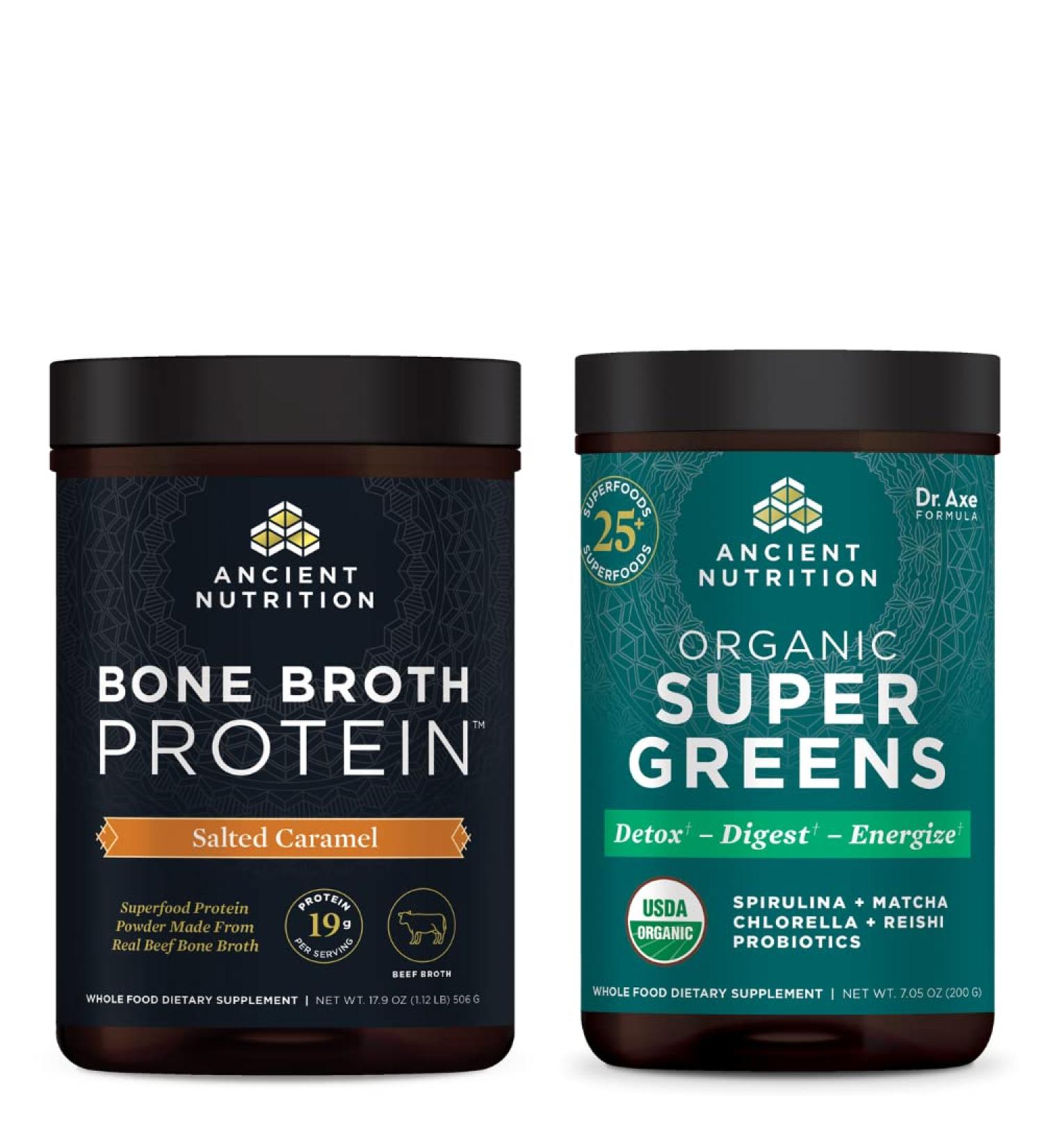 Ancient Nutrition Bone Broth Protein Powder Salted Caramel 20 Servings + Organic Supergreens Powder Greens Flavor 25 Servings - Buy Online on GoSupps.com