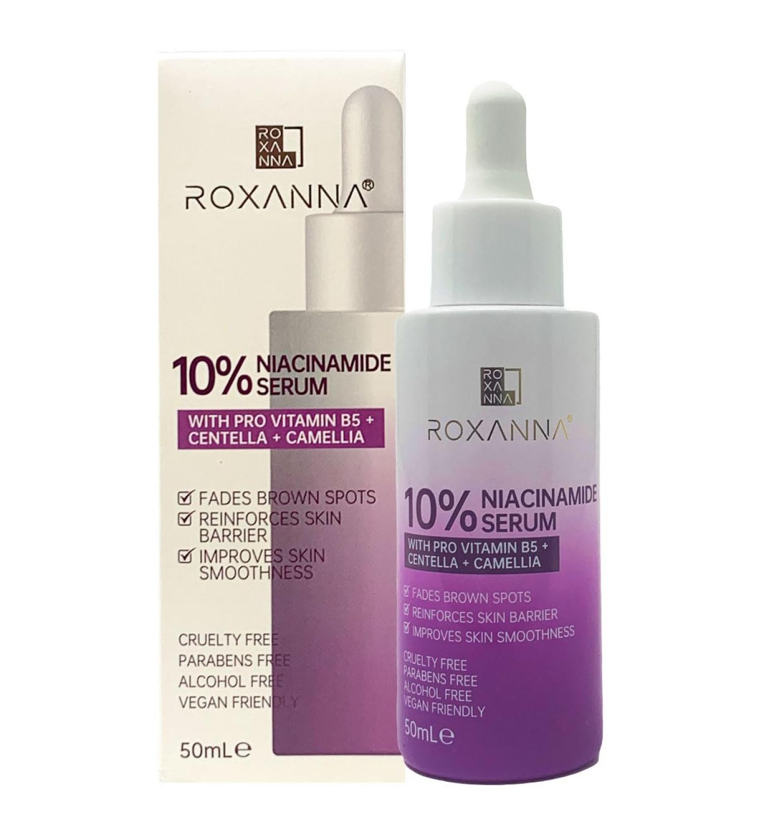 Roxanna 10% Niacinamide Face Serum 50ml with Pro Vitamin B5 Centella Camellia Tackles Blemishes Minimises Pore Appearance Fades Brown Spots - Buy Online on GoSupps.com