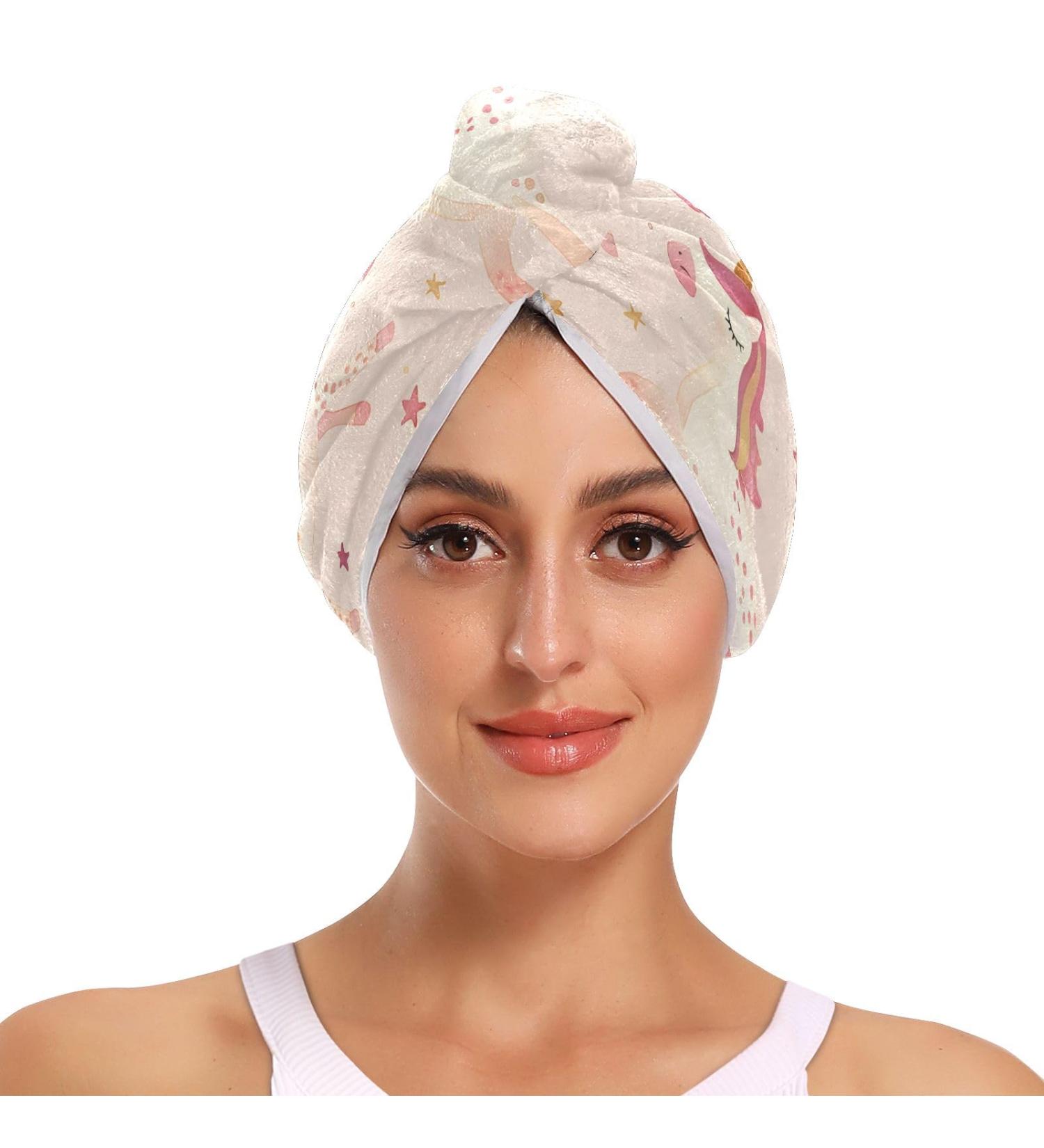 Unicorn Rainbow Pink Hair Towels 2 Pack - Super Absorbent Quick Dry Hair Turbans for Women & Girls - Buy Online on GoSupps.com