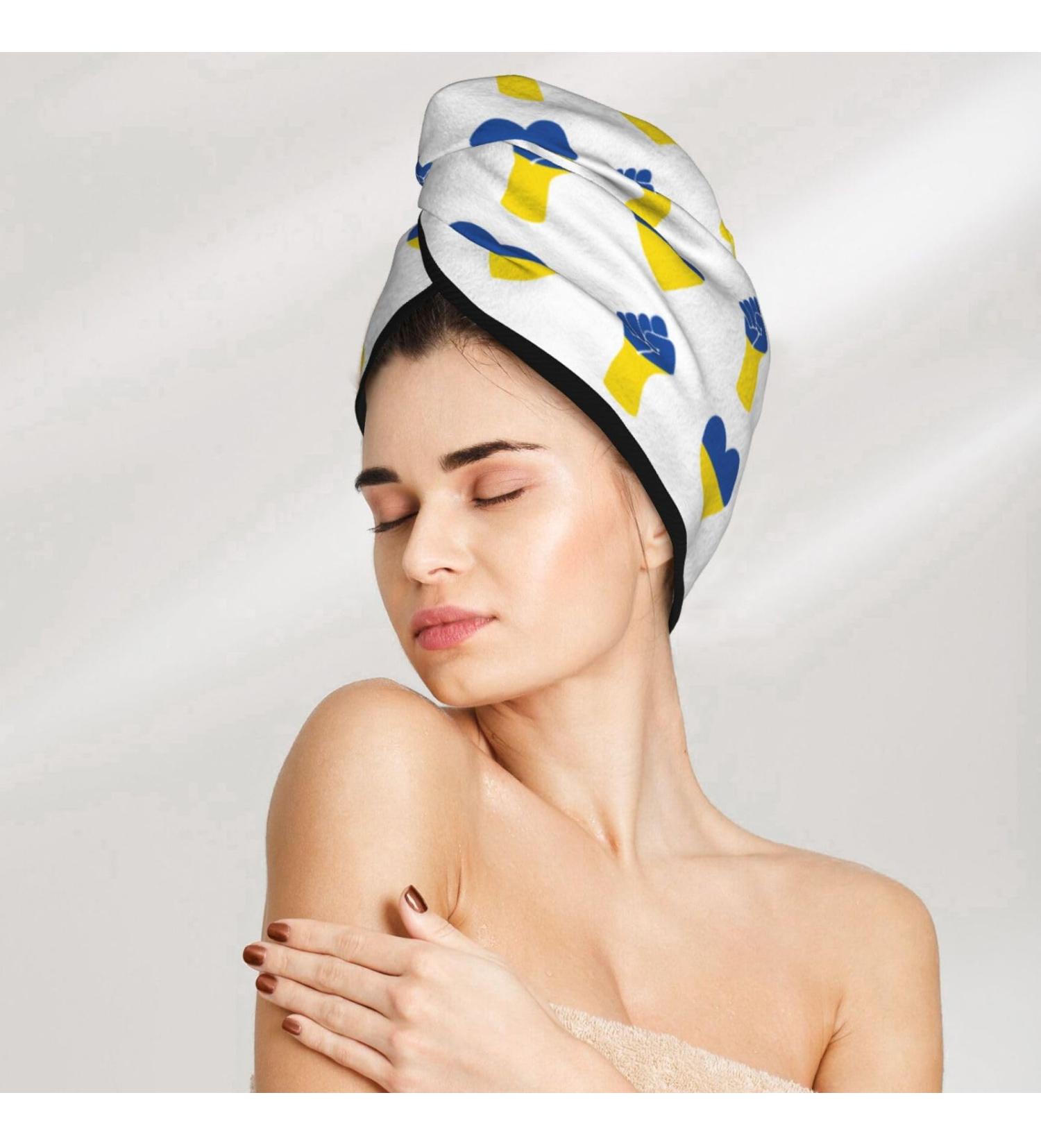 Ukraine Love White Microfiber Hair Towel - Super Absorbent Quick Dry Hair Turban for Curly Long Thick Hair - Hair Bonnet Cap with Button for Women Girls & Kids - Buy Online on GoSupps.com