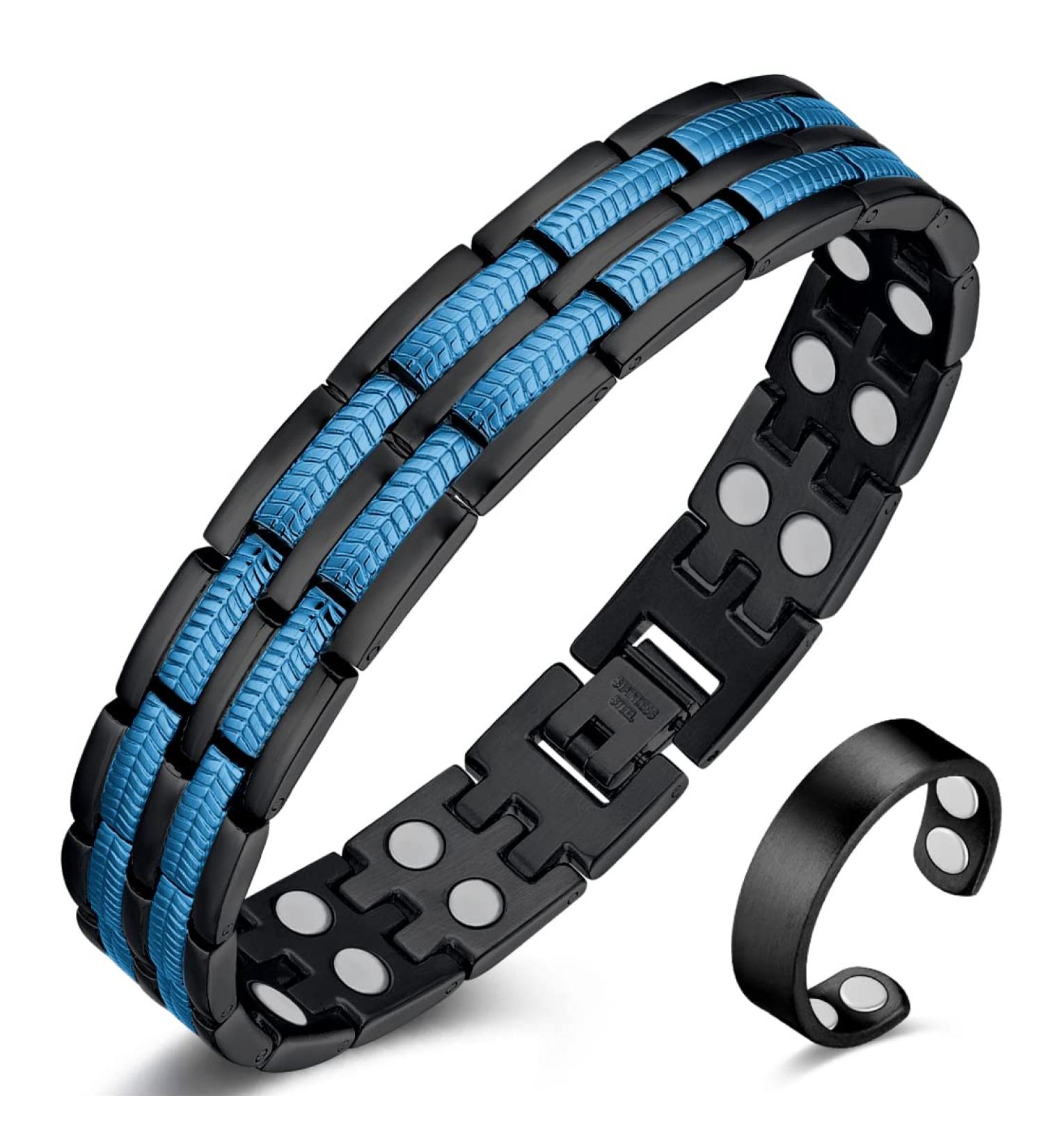 Vicmag Magnetic Bracelet for Men - Titanium Steel Double Row Adjustable Magnet Bracelet (Wheat Black Blue) - Stylish & Durable - Buy Online on GoSupps.com