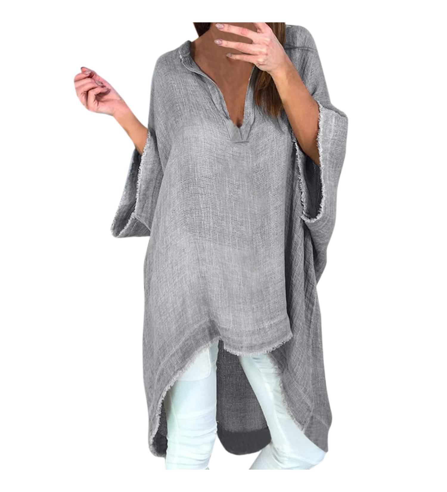 Women's Grey XXL V Neck Long Sleeve Stand Collar Oversized T-Shirt with Long Back Hem - Buy Online on GoSupps.com