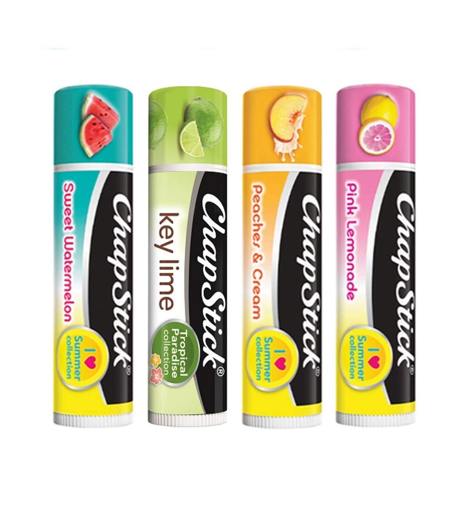 Chapstick Set of 4 Tropical Summer Collection 0.15 oz (Key Lime  Peaches & Cream  Pink Lemonade  Sweet Watermelon)