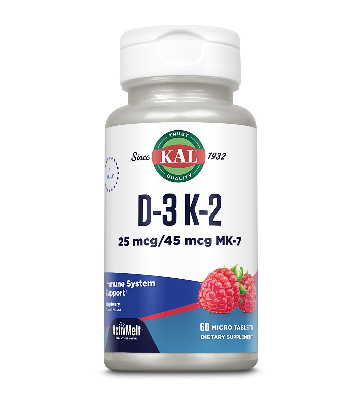 Kal 1000 IU D-3 & K2 Raspberry Tablets 60 Count - Pack of 1 - Buy Online on GoSupps.com