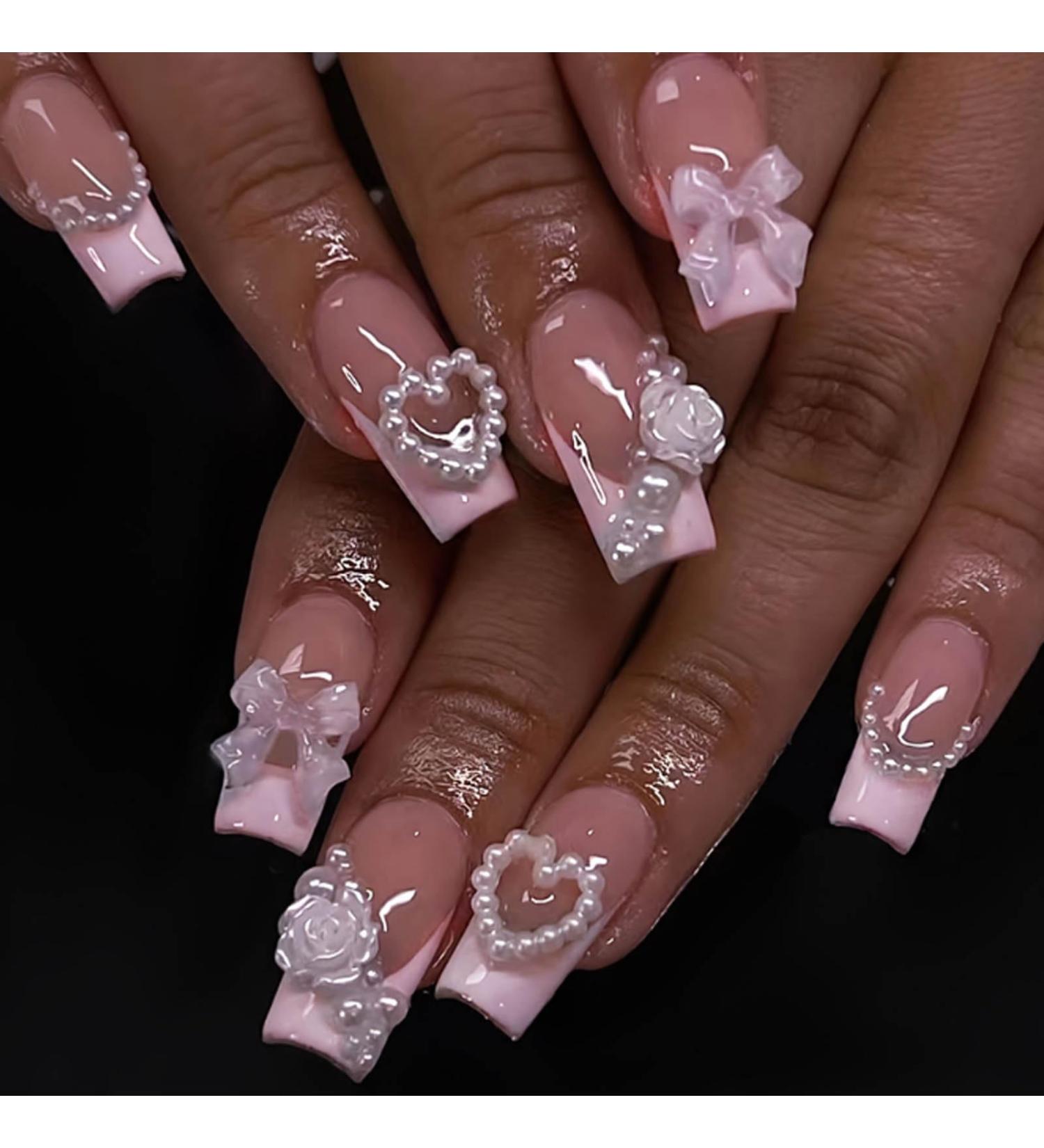 Shop Pink Bow Acrylic Fake Nails - 24PCS Full Cover Medium French Flower for Women & Girls - International Shipping Available - Buy Online on GoSupps.com