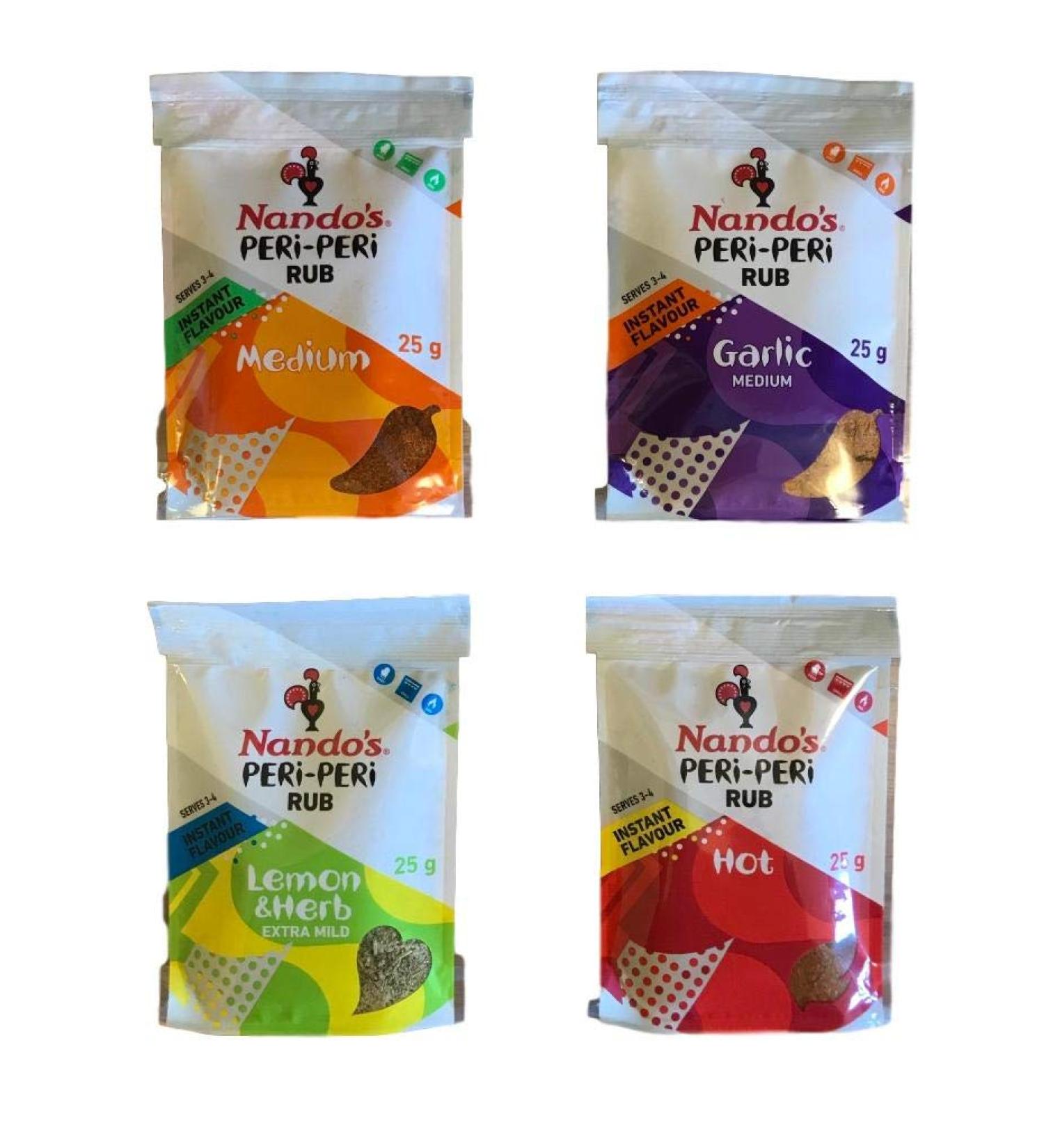  Nando's Nando's Peri-Peri Rub Pack of 4 Vegan Chicken Seasoning Rubs 4 Flavors (one of each flavor) Lemon & Herb Garlic Medium Hot 25g each - Buy Online on GoSupps.com