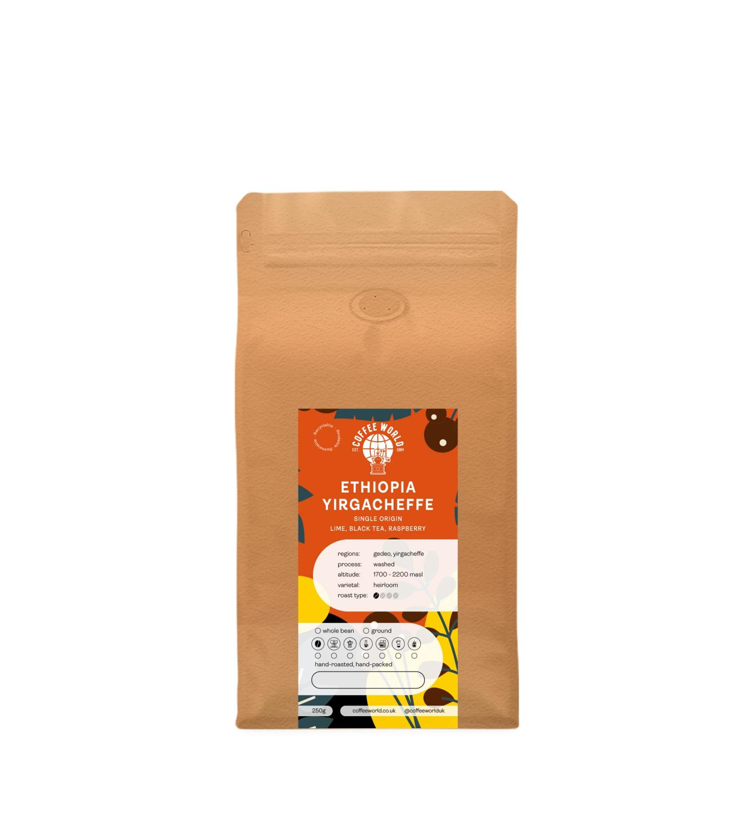 Coffee World | Ethiopia Yirgacheffe Single Origin UK Roasted Whole Coffee Beans - Perfect Brewing for Caf s Businesses Shops & Home Users (Coffee Beans 250g) - Buy Online on GoSupps.com