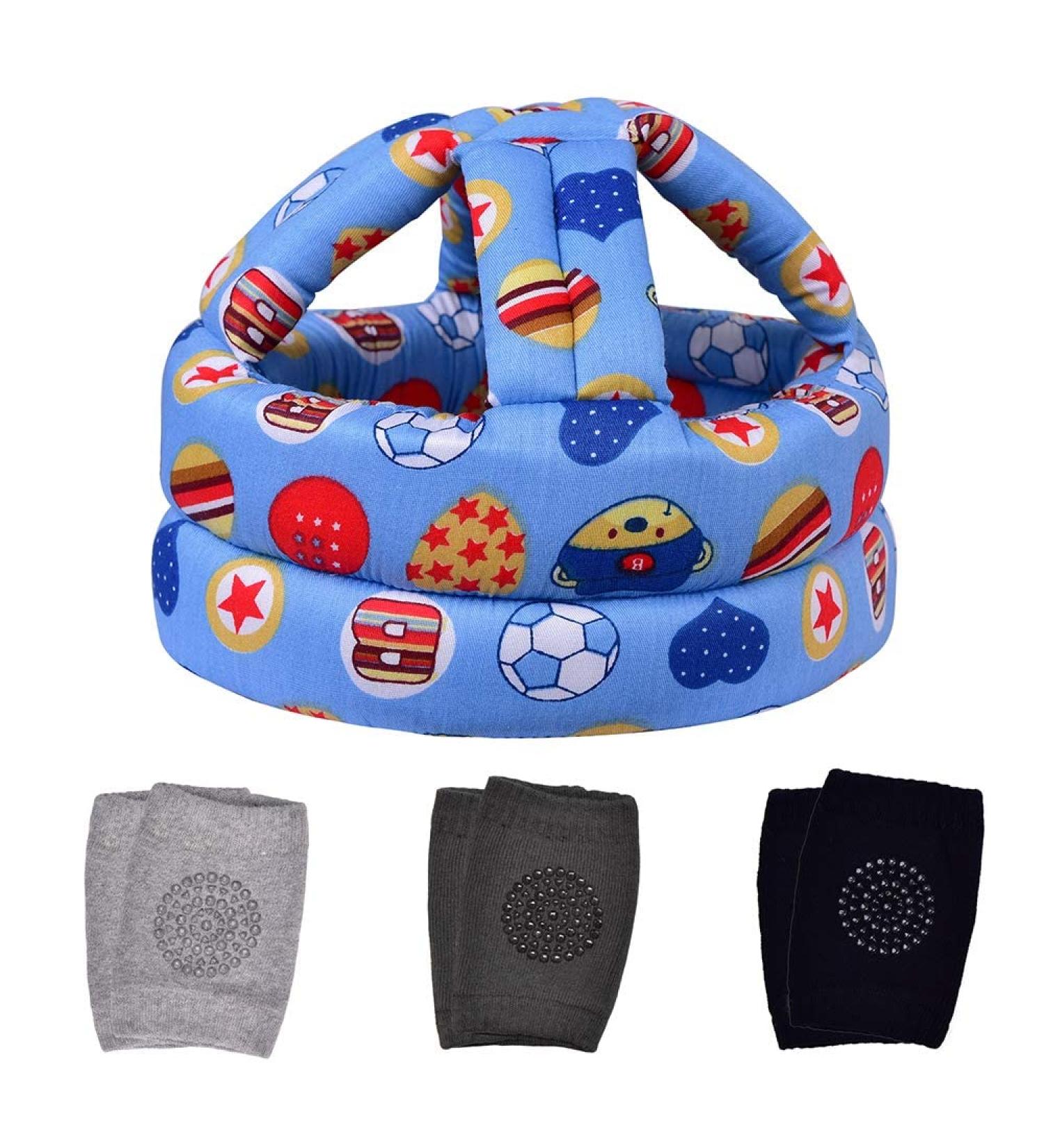 Baby Head Protector & Knee Pads Set for Crawling & Walking Safety | Age 6-36 Months | Blue Football Design | 4-Piece Set - Buy Online on GoSupps.com