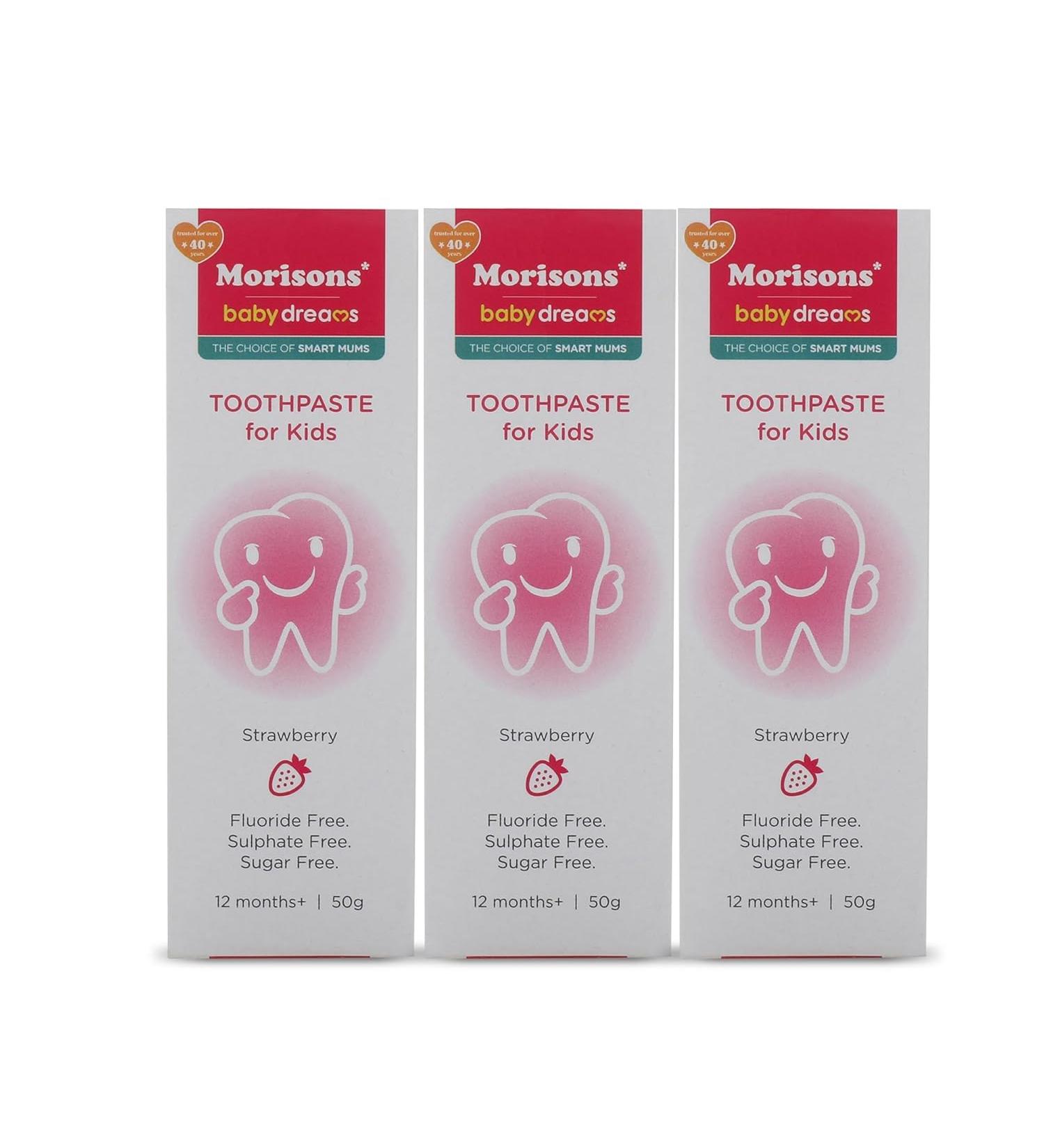 Morisons Baby Dreams Kids Strawberry Flavour Toothpaste 50 gm (Pack of 3) Fluoride Free Sulphate Free & Sugar Free 12M+ - Buy Online on GoSupps.com