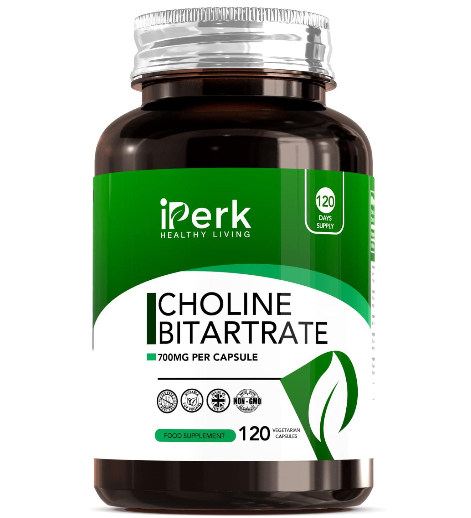 Choline Bitartrate 700mg Nootropic Supplement | 120 Capsules | Non-GMO & Vegetarian Friendly | Made in UK - Buy Online on GoSupps.com