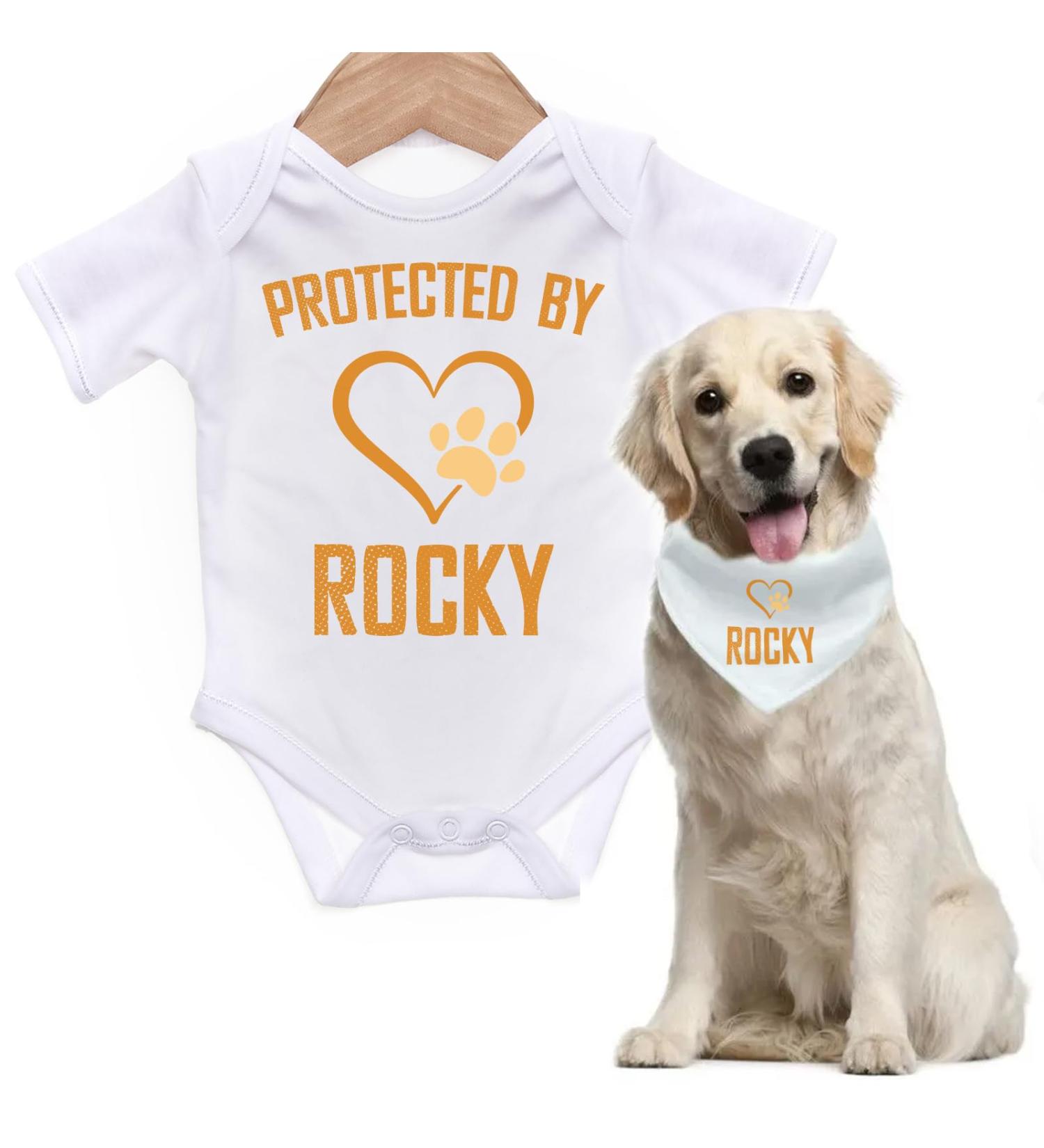 Personalized Protected By [Dog Name] Baby Grow for Baby Girl or Boy | Cute & Comfortable Vests with Matching Dog Scarf | 0-3 Months White - Buy Online on GoSupps.com