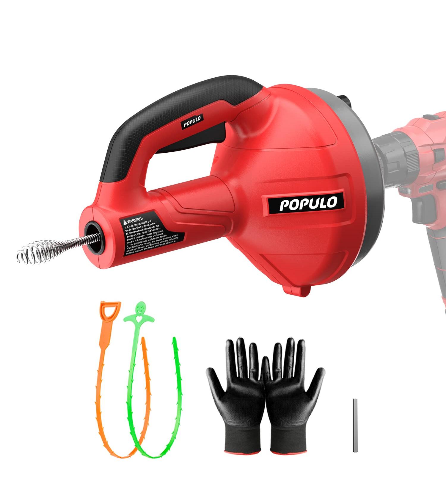 POPULO 23Ft Drain Auger - Heavy Duty Clog Remover for Kitchen & Bathroom | Manual & Powered Snake Tool with Drill Adapter - Buy Online on GoSupps.com
