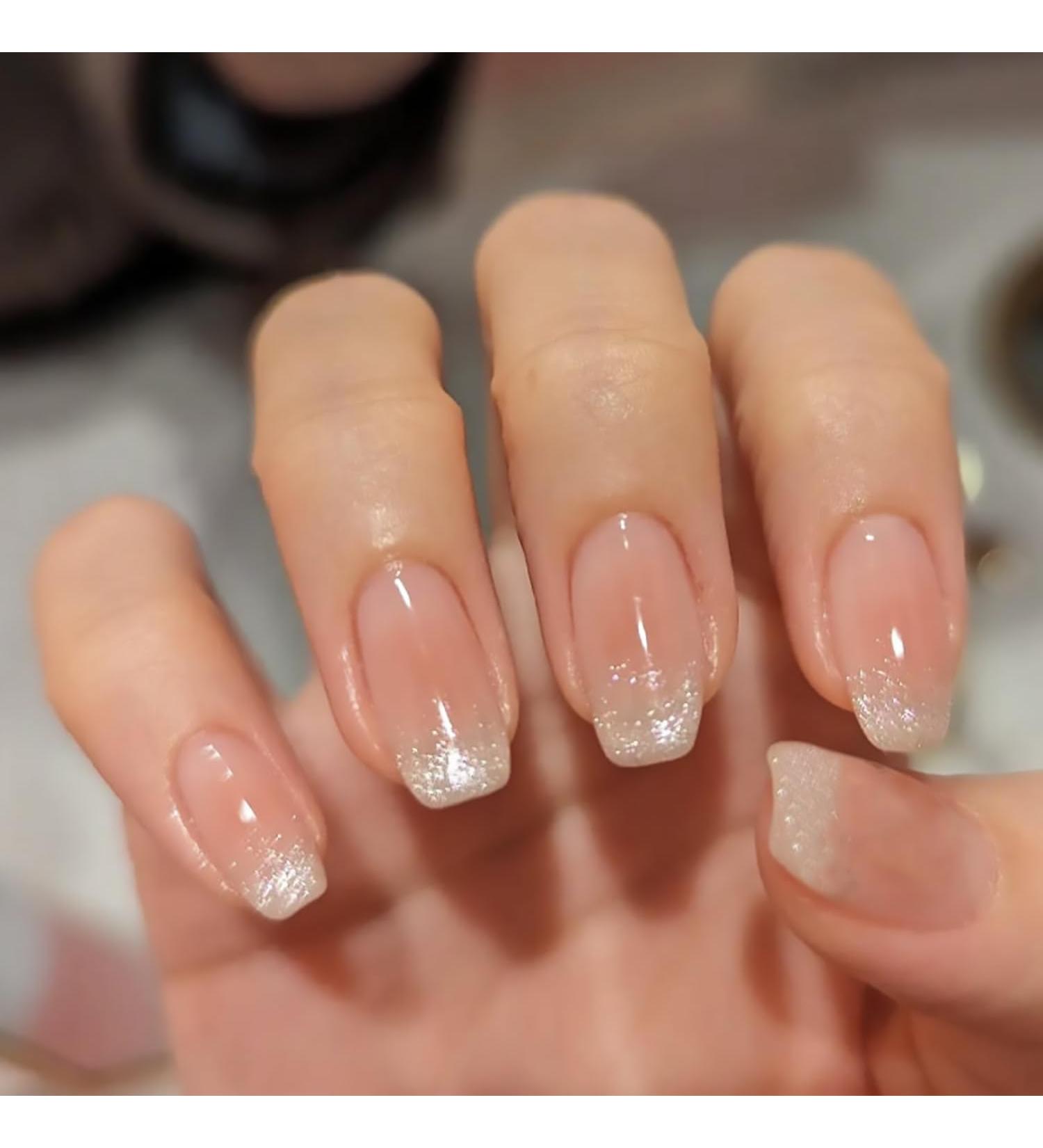 Cat Eyes Press on Nails - Medium Coffin Glitter French Tip | 24Pcs Glossy Full Cover Stick-On & Acrylic Fake Nails for Women & Girls - Buy Online on GoSupps.com