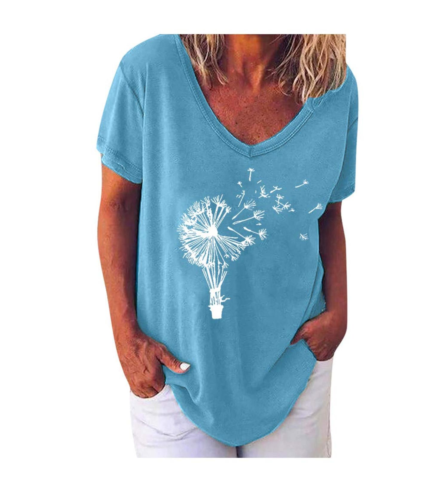 Shop Ppanguding Women's Summer T-Shirt - Fashionable Casual Round Neck Loose Pustblume Print Tops - XXL Blue - Buy Online on GoSupps.com
