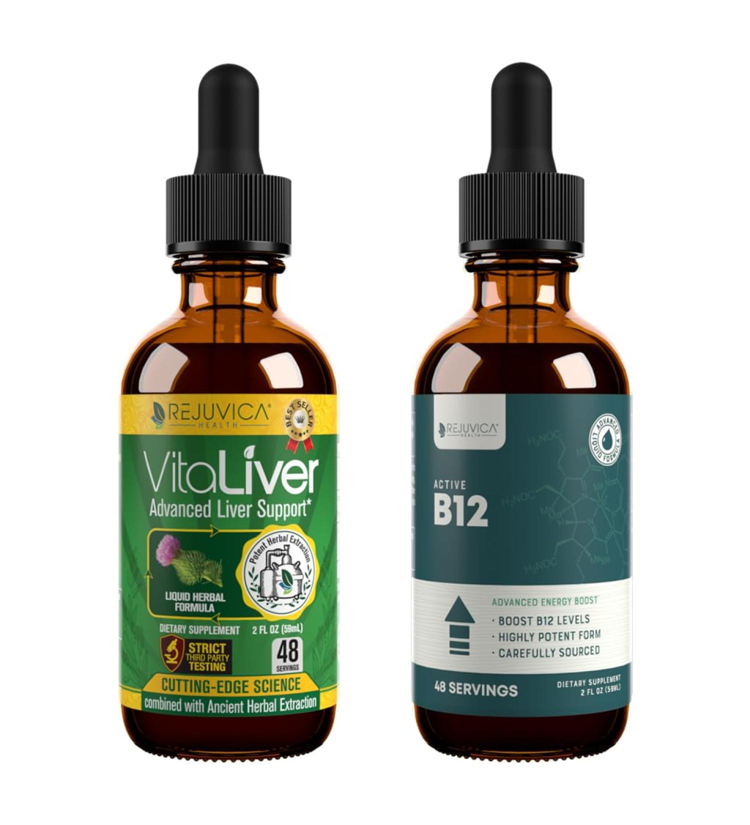 Rejuvica Health Vitaliver + Active B12 - Advanced Liver & B12 Support Bundle - Liquid Delivery for Better Absorption - Milk Thistle Chanca Piedra Artichoke Dandelion & More! - Buy Online on GoSupps.com