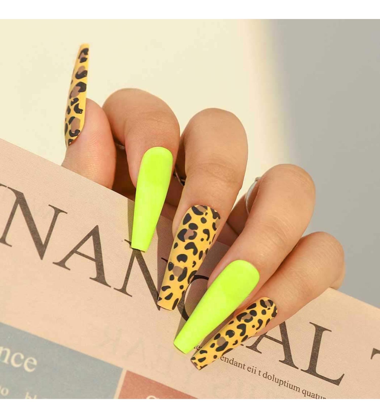 Sethain Matte Black Ballerina False Nails - Long Coffin Press-On Nails with Yellow Leopard Print for Women & Girls - International Shipping Available - Buy Online on GoSupps.com