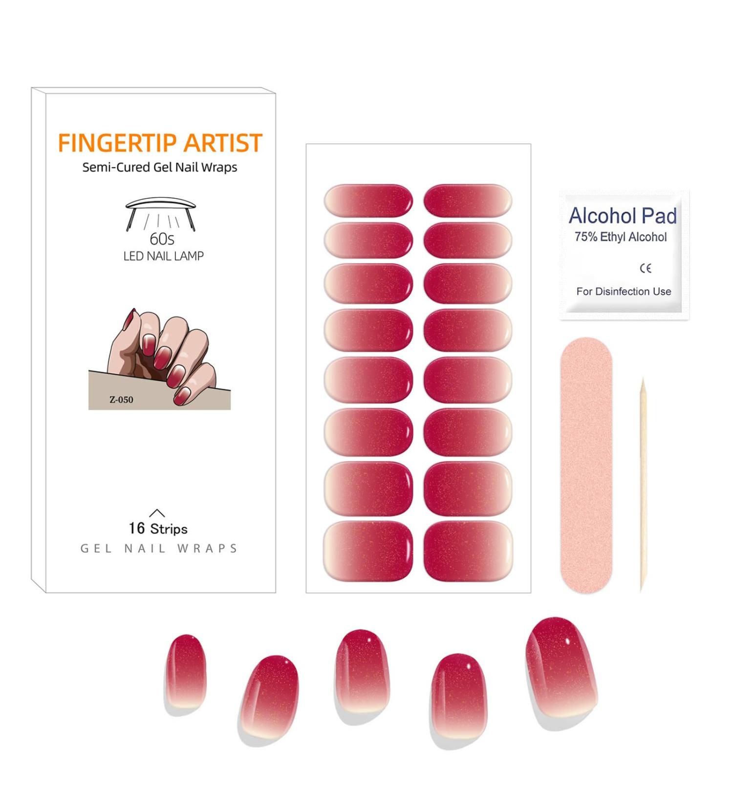 Semi Cured Gel Nail Wraps 16Pcs Pure Color & Glitter Strips Set - French Manicure with Soft Glossy Finish in Gradient Rose Red - Buy Online on GoSupps.com