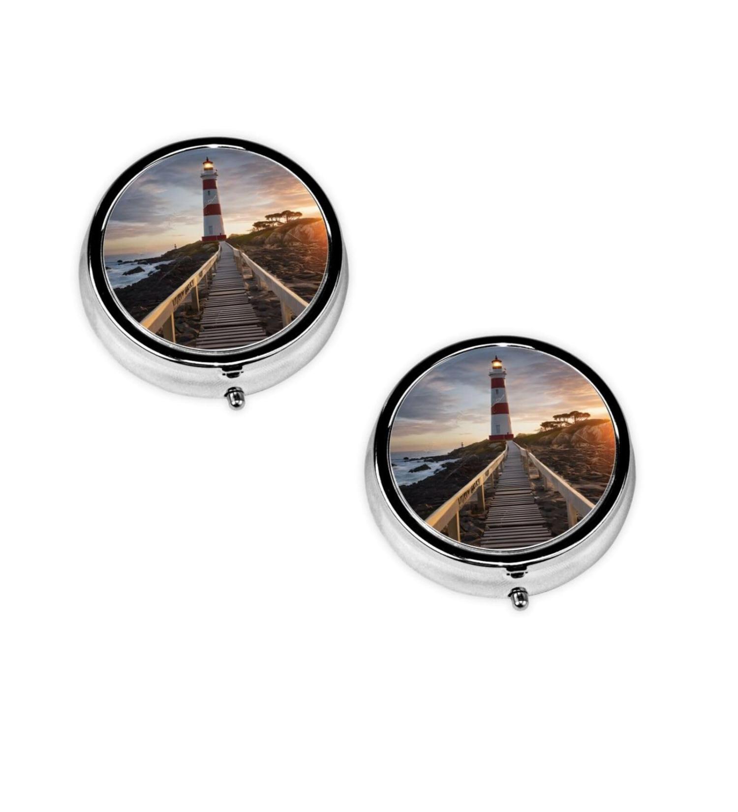 Lighthouse Printed Mini Round Pill Box - 3 Compartment Travel Organizer Portable Medicine Case for Home & Office Use - Buy Online on GoSupps.com